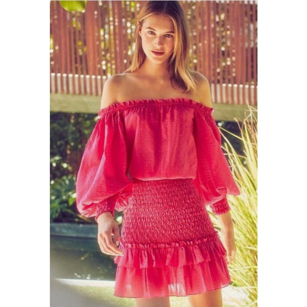 ALEXIS Marilena Smocked Off-Shoulder Mini Dress Bright Pink Orange Dot Large